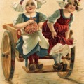 絵葉書　イラスト　馬車に乗る少女たち　カラー　独切手貼実逓便