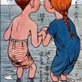 絵葉書　イラスト　少年と少女　一緒に海水浴カラー　菊貼実逓便